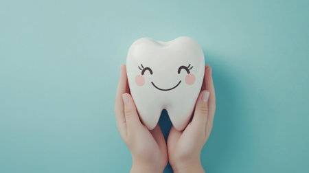 A cheerful tooth model held gently in hands, symbolizing dental health and care. The vibrant blue background adds a fresh and playful touch, perfect for educational or promotional use.の素材