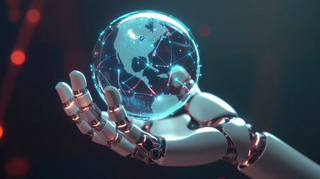 A futuristic robot hand elegantly holds a glowing holographic globe, symbolizing advanced technology and global connectivity in a digital space.の素材