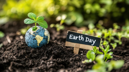 A small green plant sprouts from dark soil beside a globe, symbolizing Earth Day. The image highlights the importance of environmental awareness and growth.の素材