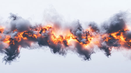 A striking image of vibrant smoke clouds intertwined with glowing flames, creating a dramatic and atmospheric effect on a soft gray backdrop.の素材