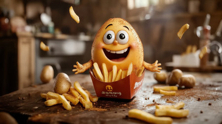 A cheerful cartoon character resembling a potato smiles widely while holding fries in a rustic kitchen, creating a playful and joyful atmosphere perfect for food-themed content.の素材