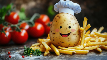 A cheerful potato character wearing a chef hat sits among golden fries and ripe cherry tomatoes. This whimsical scene adds fun to any food-related project.の素材