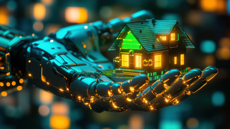A futuristic robotic hand elegantly holds a glowing miniature house, symbolizing the intersection of technology and home ownership. The captivating image showcases innovation and creativity in a digital environment filled with vibrant lights.の素材