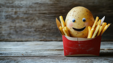 Adorable potato character with a smiling face sits in a red box filled with crispy fries. A whimsical scene that brings joy and fun to food photography.の素材