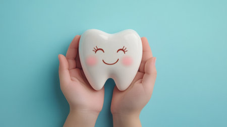 A cheerful tooth model held gently in hands on a soft blue background, symbolizing dental care and hygiene with a playful and friendly aesthetic.の素材