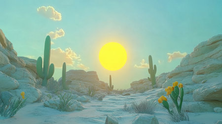 A captivating desert landscape features a bright sun rising over cacti and colorful flowers, creating a serene atmosphere in a natural setting.の素材