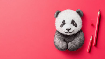 This charming panda illustration features a cute character amid a vibrant pink background, accompanied by colored pencils, perfect for children projects.の素材