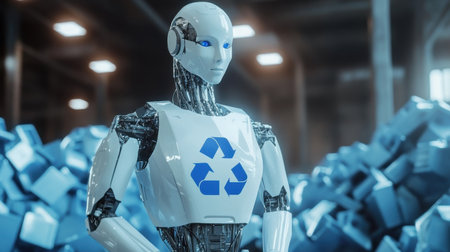 A futuristic robot equipped with a recycling symbol stands in a high-tech warehouse filled with waste materials, highlighting the intersection of technology and sustainability.の素材