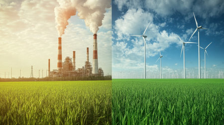 This image contrasts a factory emitting smoke with a field of wind turbines, symbolizing the transition from fossil fuels to renewable energy sources.の素材