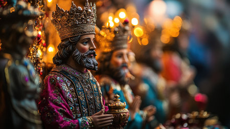 Stunning close-up of ornate king statues, featuring vibrant colors and intricate details. Perfect for illustrating cultural traditions and festive celebrations.の素材