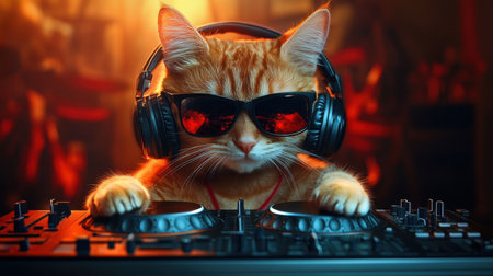 A stylish cat DJ wears headphones and sunglasses while mixing music at a vibrant studio. The scene captures a fun and playful vibe, perfect for showcasing creativity.の素材