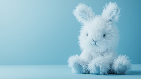 A soft and adorable plush bunny sitting against a light blue background, perfect for children's decor or as a comforting gift for young ones. Ideal for capturing innocence and joy.の素材