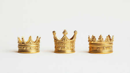 This image features three exquisite gold crowns arranged elegantly, showcasing distinct designs, perfect for themes of royalty, celebration, and elegance.の素材