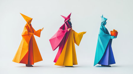 Three colorful origami figures wear traditional robes, showcasing vibrant designs. This image captures creativity and artistic expression through unique shapes and textures.の素材