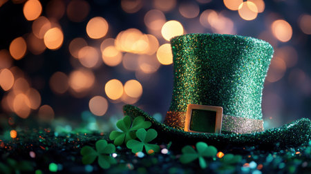 A vibrant green leprechaun hat adorned with glitter rests on a sparkling surface, surrounded by shamrocks, creating a festive St. Patrick's Day atmosphere.の素材