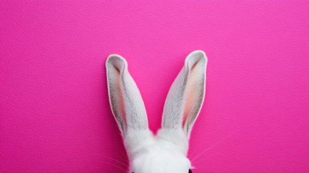 A delightful close-up of cute rabbit ears set against a bright pink background. Perfect for spring themes, this whimsical image radiates joy and playfulness.の素材
