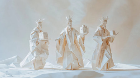 This composition features three elegant paper figures showcasing the artistry of origami. The delicate craftsmanship highlights cultural heritage and artistic expression.の素材