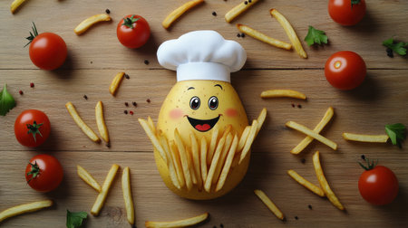 A cheerful potato character in a chef hat surrounded by crispy fries and vibrant cherry tomatoes. Perfect for food-related themes, humor, and creativity.の素材