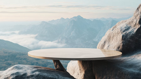 A tranquil setting featuring a round stone table perched on rugged rocks, overlooking a breathtaking mountain landscape bathed in soft light. Perfect for relaxation and contemplation.の素材