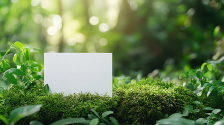 A simple blank card rests on a bed of lush moss, surrounded by vibrant greenery. Ideal for nature-themed projects, this serene image offers ample space for text and design, evoking freshness and tranquility.の素材
