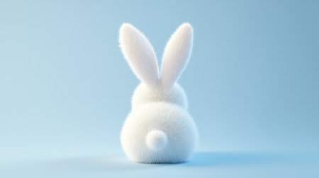 This image features a soft and fluffy white rabbit showcasing its long ears and round tail against a pastel blue background, ideal for seasonal themes.の素材