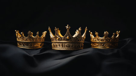 Three ornate golden crowns are elegantly arranged on soft black fabric, showcasing their intricate design and luxurious appeal, ideal for regal themes.の素材