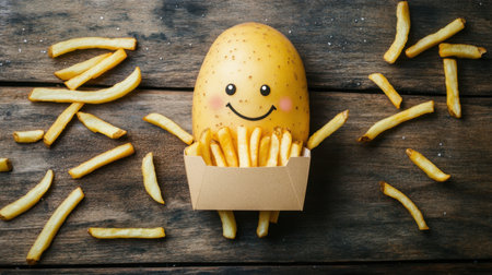 A cheerful potato character with a smiling face holds a box of golden french fries. Set on a rustic wooden surface, this fun and quirky food art brings joy to any culinary theme.の素材