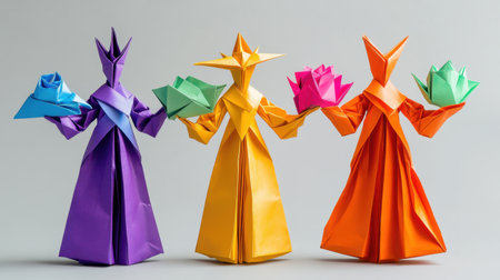 This vibrant image showcases colorful origami figures elegantly holding flower bouquets, symbolizing creativity and craftsmanship. Perfect for art enthusiasts.の素材