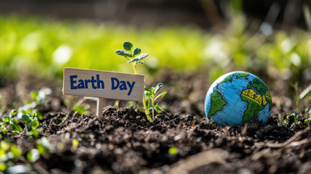 Celebrate Earth Day with a vibrant seedling emerging from rich soil beside a colorful globe, symbolizing growth and environmental awareness in nature.の素材