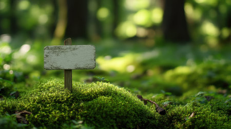 A serene view of a blank wooden sign resting on vibrant green moss in a tranquil forest setting. Ideal for themes of nature, peace, and simplicity.の素材