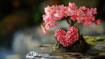 A stunning heart-shaped tree adorned with delicate pink blossoms, resting on a tranquil water surface, creating a beautiful symbol of love and nature's harmony.の素材