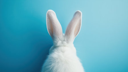 A captivating close-up of a cute white rabbit with large ears, sitting against a soft blue background, showcasing its fluffy fur and serene expression.の素材