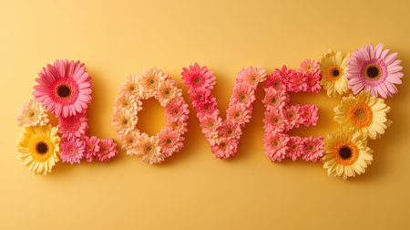 A vibrant floral arrangement spells out the word "love" using colorful gerbera flowers on a bright yellow background, symbolizing affection and joy.の素材