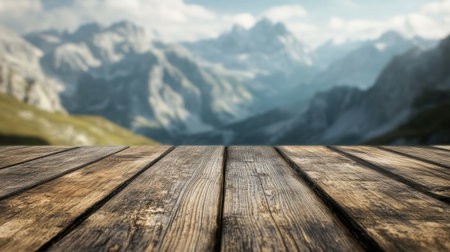 A beautiful wooden table rests in the foreground, set against a stunning mountain landscape. The blurred background evokes a sense of tranquility and adventure.の素材