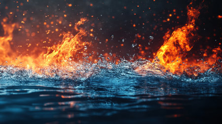 A stunning visual of flames rising from a body of water, creating a captivating contrast between fire and liquid. This image evokes power and beauty.の素材