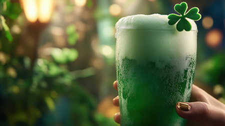 A refreshing green drink topped with foam and a clover leaf, perfect for vibrant St. Patrick's Day celebrations. Ideal for festive gatherings and toasts.の素材