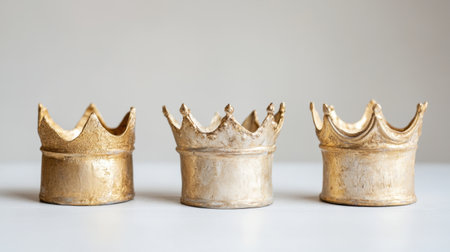 Three antique golden crowns with unique designs displayed on a neutral backdrop, showcasing elegant craftsmanship and vintage charm perfect for artistic themes.の素材
