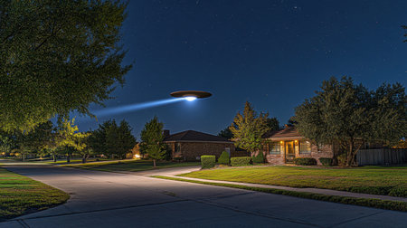 A captivating image of a mysterious UFO hovering over a peaceful suburban neighborhood at night. The bright beam of light contrasts beautifully with the tranquil surroundings, creating an ethereal atmosphere.の素材