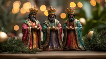 Capture the essence of celebration with three ornate king figurines set against a blurred festive background, symbolizing tradition and elegance in holiday decor.の素材