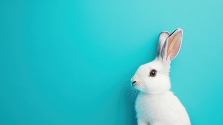 This adorable white bunny poses thoughtfully against a vibrant turquoise background, showcasing its cute features and fluffy fur, perfect for animal lovers.の素材