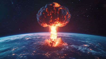 A stunning depiction of a nuclear explosion above Earth, showcasing a fiery mushroom cloud rising into the sky. This image captures the intense energy and destructive power of such events, illustrating a vivid contrast between beauty and chaos in a cosmic setting.の素材