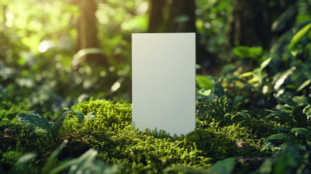A minimalist blank canvas stands in a vibrant green forest, surrounded by lush plants and soft sunlight filtering through the trees, creating a serene backdrop for your creative projects.の素材