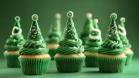 A charming arrangement of green cupcakes designed to resemble Christmas trees. Perfect for holiday celebrations, these festive treats bring joy to any gathering.の素材