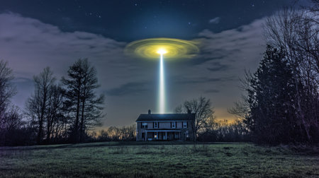 A captivating scene of a house illuminated by a mysterious beam of light at night, surrounded by serene landscapes and twinkling stars, evokes curiosity.の素材