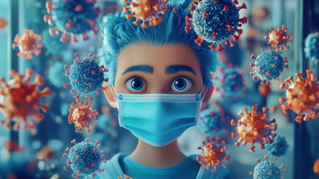 An animated character with blue hair wears a medical mask and stands amidst colorful viruses. This vibrant illustration highlights themes of health and safety during a pandemic.の素材