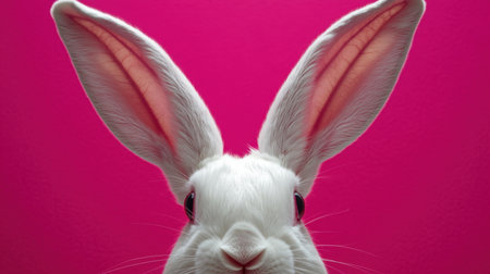 A charming portrait of a white rabbit showcasing its large ears and expressive face against a vivid pink background, exuding cuteness and delight.の素材