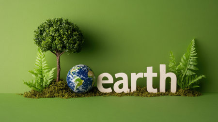 A creative composition featuring the word "earth," a vibrant globe, and a tree, set against a lush green background, symbolizing nature and environmental awareness.の素材