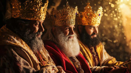 Three majestic kings adorned in ornate golden crowns and vibrant robes sit together in celebration. Their rich beards and warm expressions capture a timeless royal elegance, creating a captivating scene of tradition and heritage.の素材