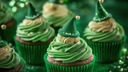 Delight in these festive green cupcakes topped with decorative hats, perfect for parties and celebrations. They bring fun and flavor to every event.の素材