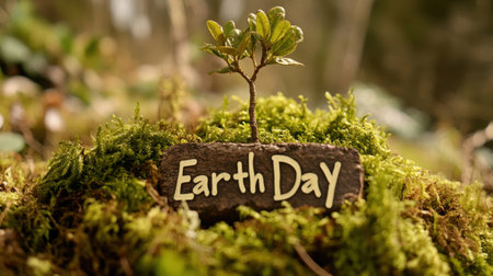 A small green plant rises from vibrant moss, marked with an Earth Day sign. This image symbolizes growth, nature, and environmental consciousness.の素材